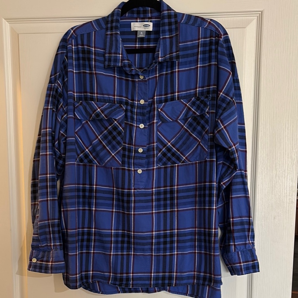 Old Navy Blue Plaid Half Button Down Boyfriend Shirt